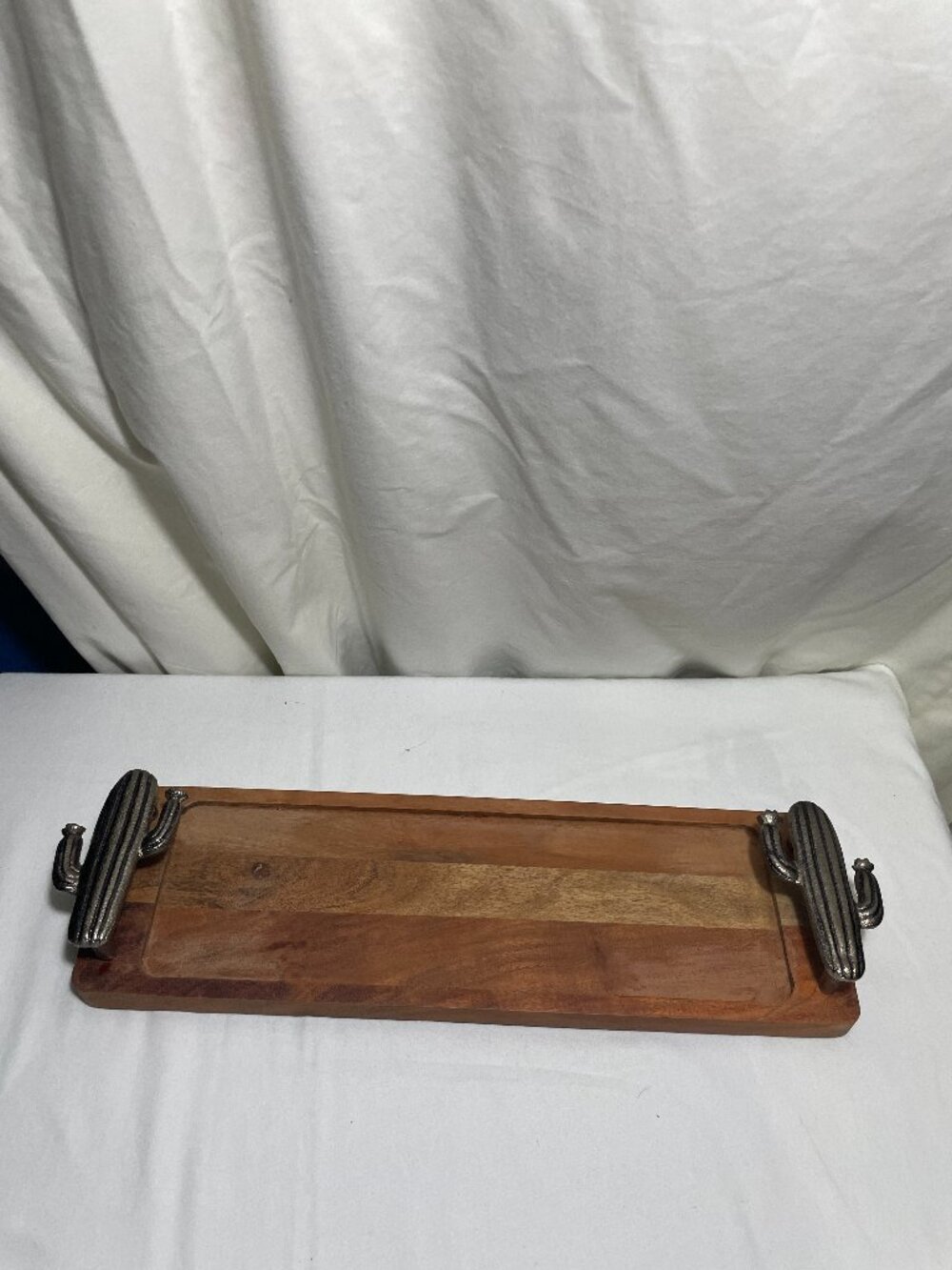 Wood Serving Tray Metal Cactus Handles Rectangular Southwestern Rustic Decor